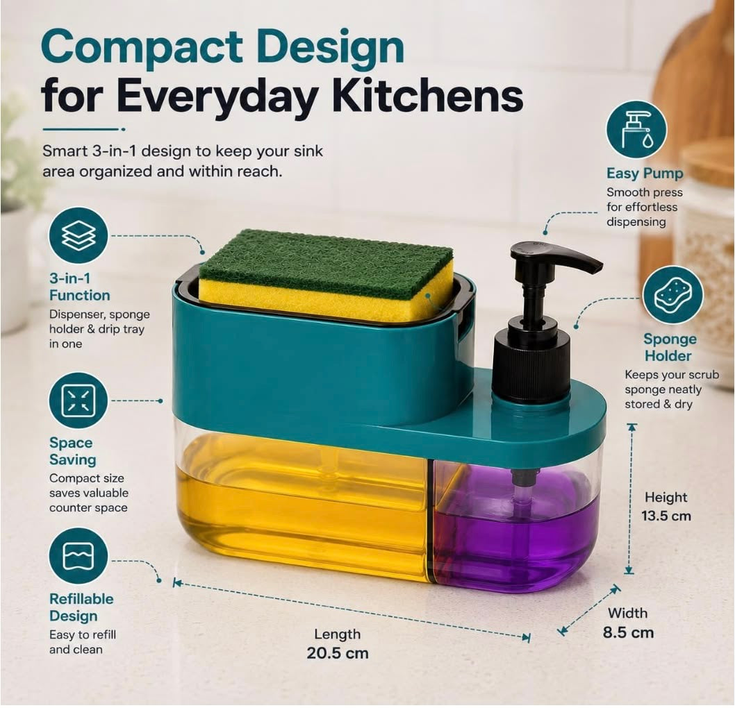 Skrubsy 3-in-1 Kitchen Sink Organizer with Soap Dispenser & Sponge Holder