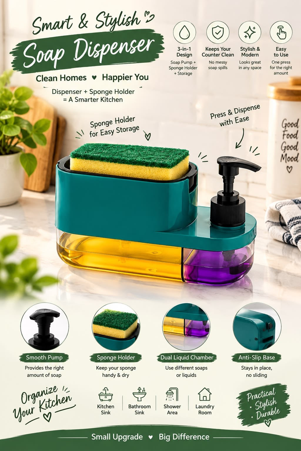 Skrubsy 3-in-1 Kitchen Sink Organizer with Soap Dispenser & Sponge Holder