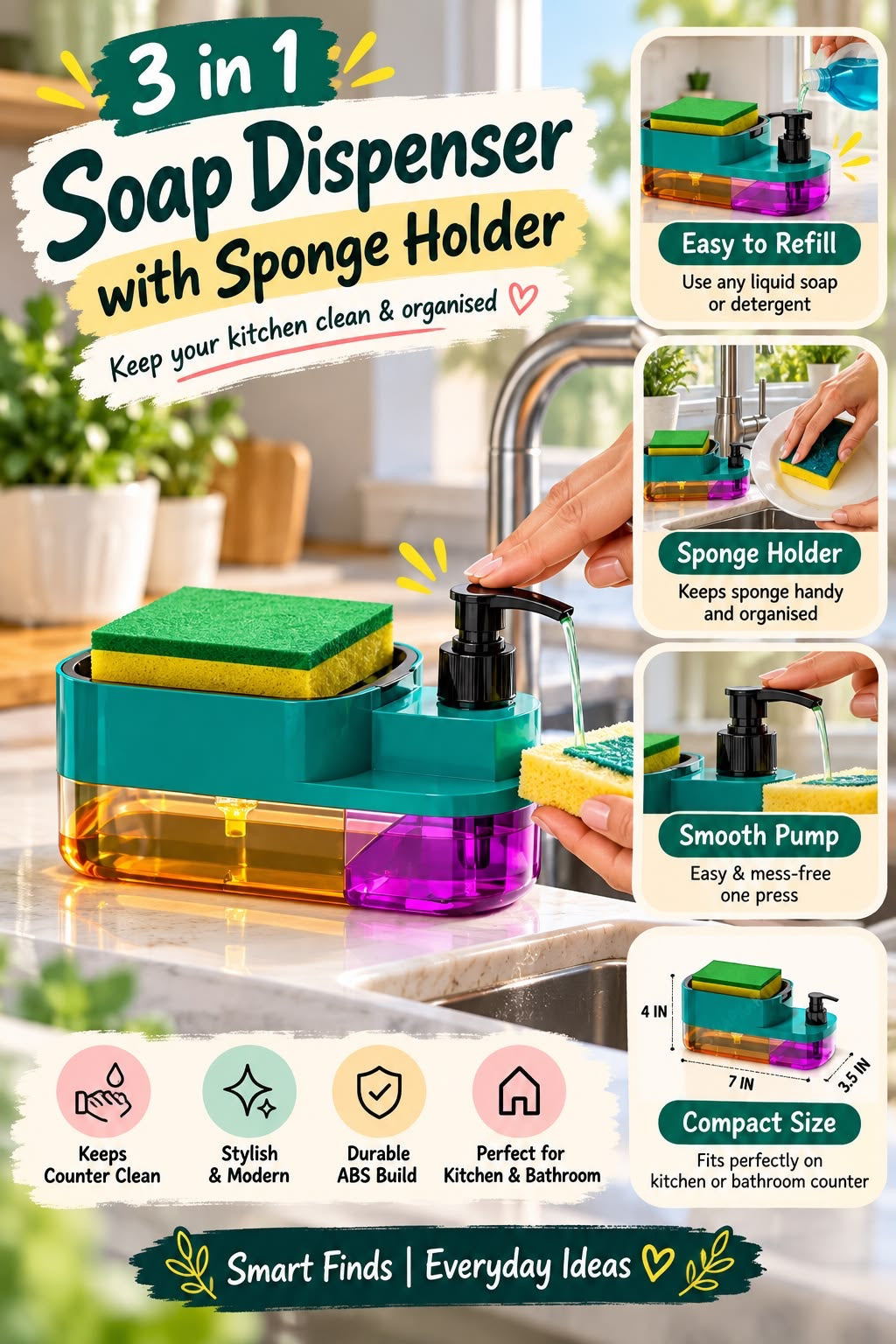 Skrubsy 3-in-1 Kitchen Sink Organizer with Soap Dispenser & Sponge Holder